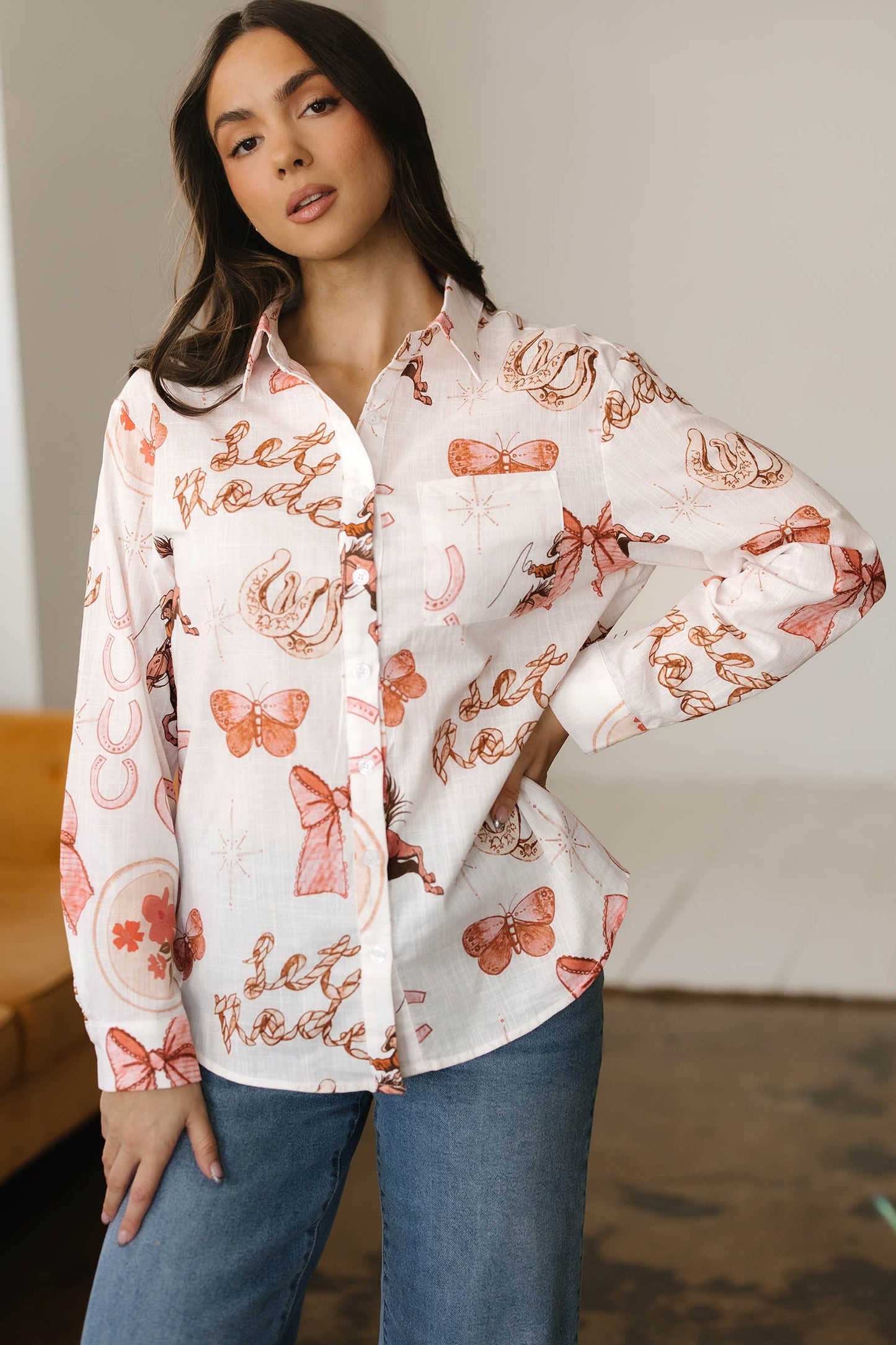 White Rodeo Cowgirl Print Western Button up Shirt