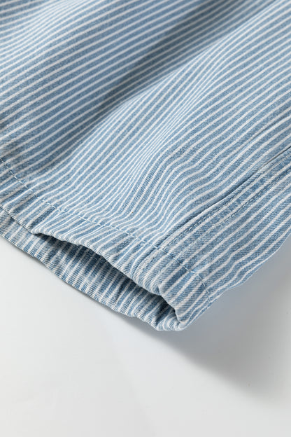 Sky Blue Stripe Drawstring Elastic Waist Casual Denim Shorts