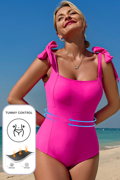 Dearlovers Rose Red Square Neck Knotted Shoulder Open Back One Piece Swimsuit