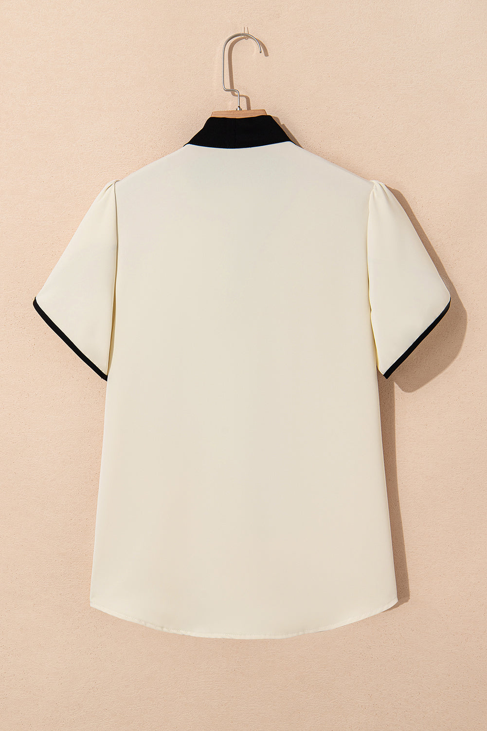 White Bow Knot Neckline Contrast Stripe Short Sleeve Blouse