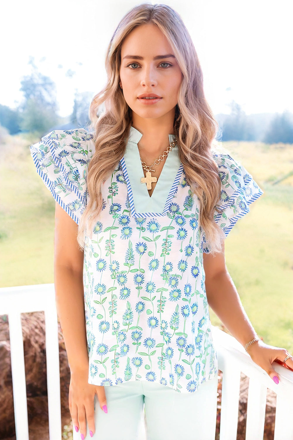 Green Floral Print Striped Detail Contrast V Neck Patchwork Flutter Sleeve Blouse