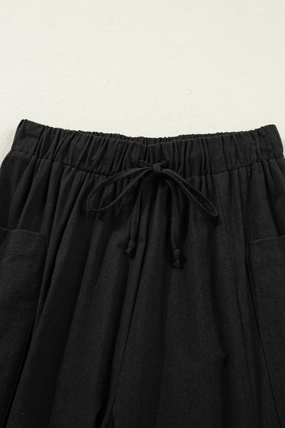 Black Drawstring Elastic Waist Patch Pocket Barrel Leg Casual Pants
