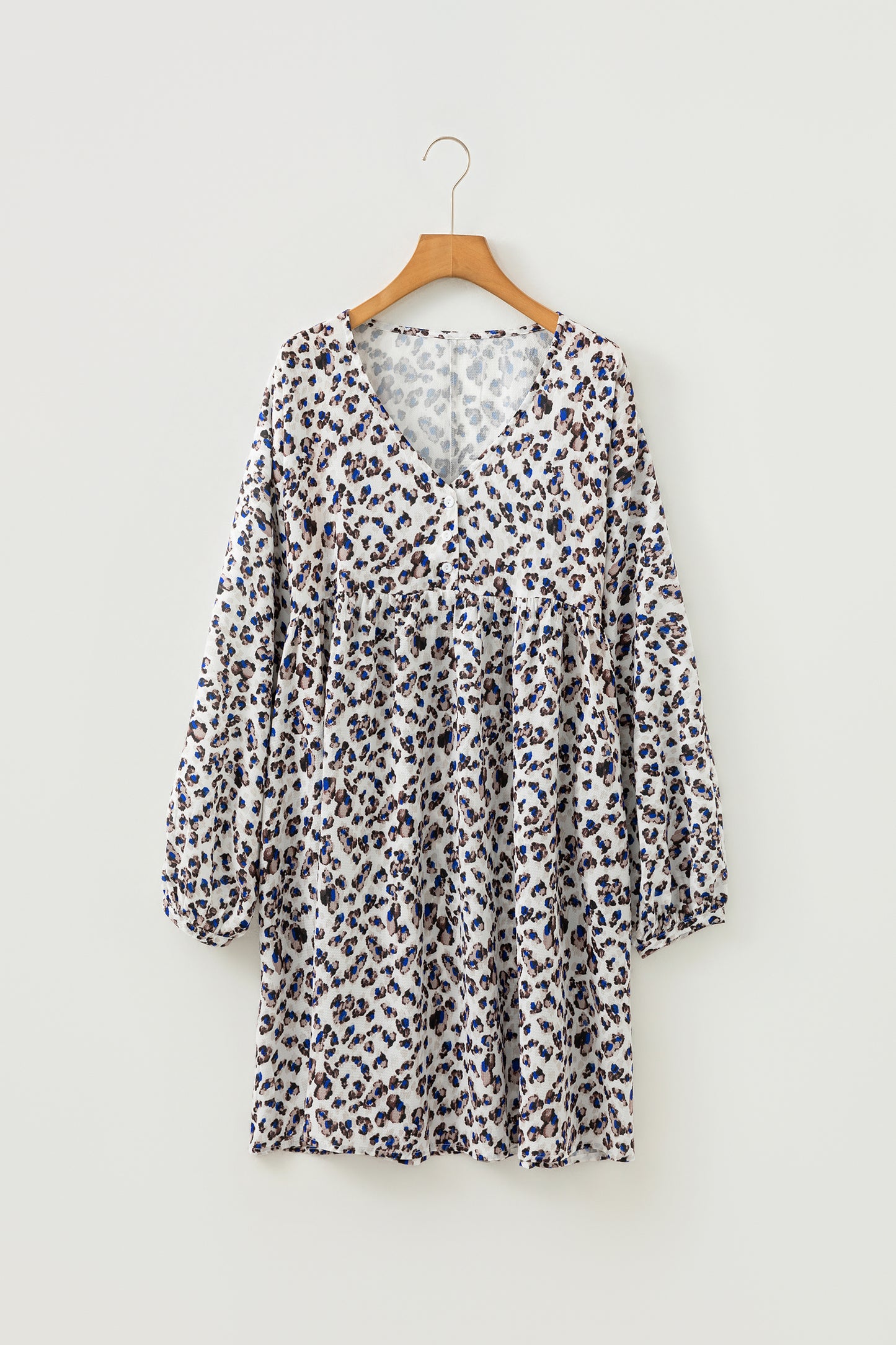 Multicolour Leopard Print V Neck Button Detail Long Sleeve Mini Dress