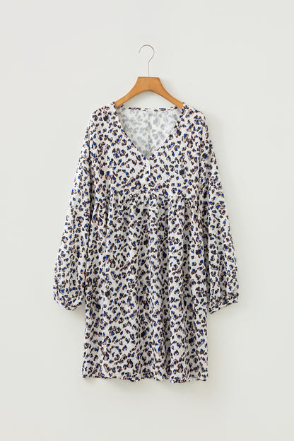 Multicolour Leopard Print V Neck Button Detail Long Sleeve Mini Dress
