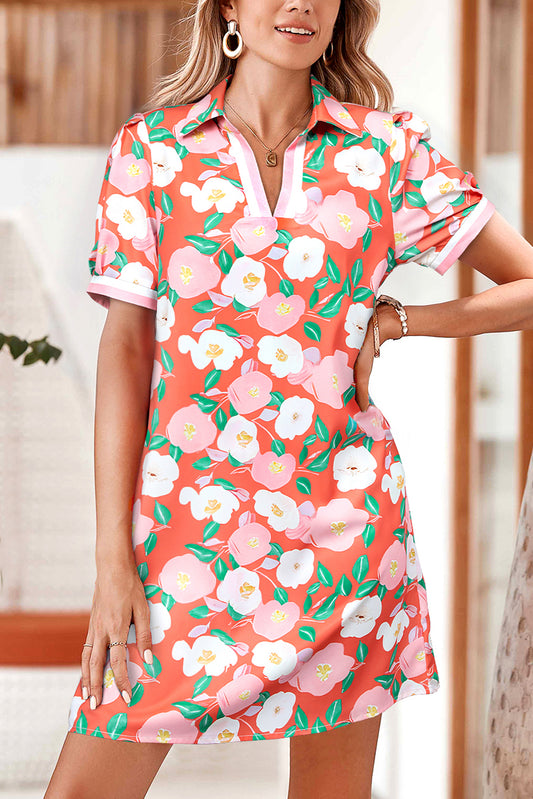 Fresh Salmon Floral Print Contrast Striped Trim Polo Collar T Shirt Dress