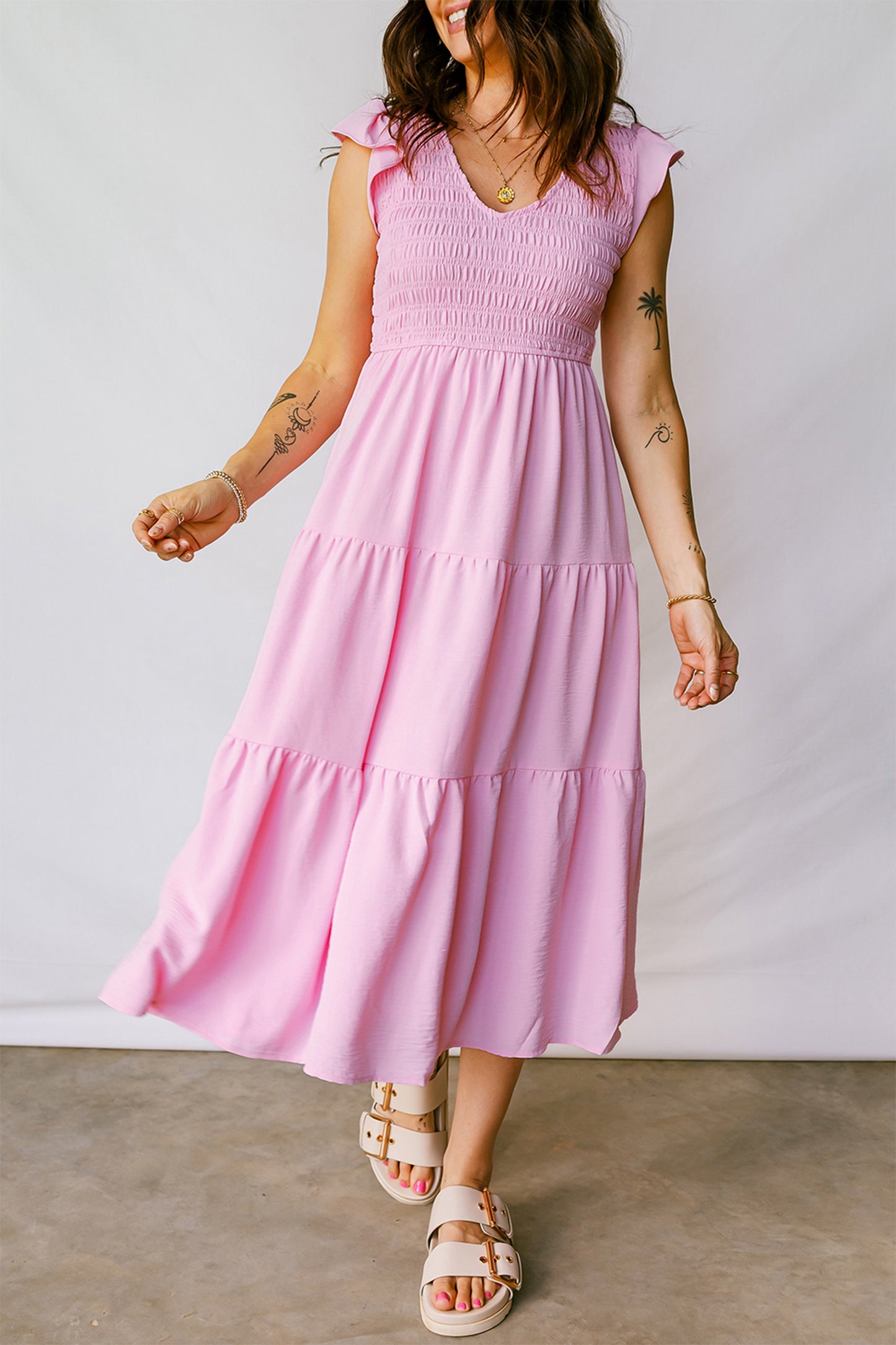 Pink Smocked Bodice Flutter Sleeve Fit Flare Tiered Midi Dress