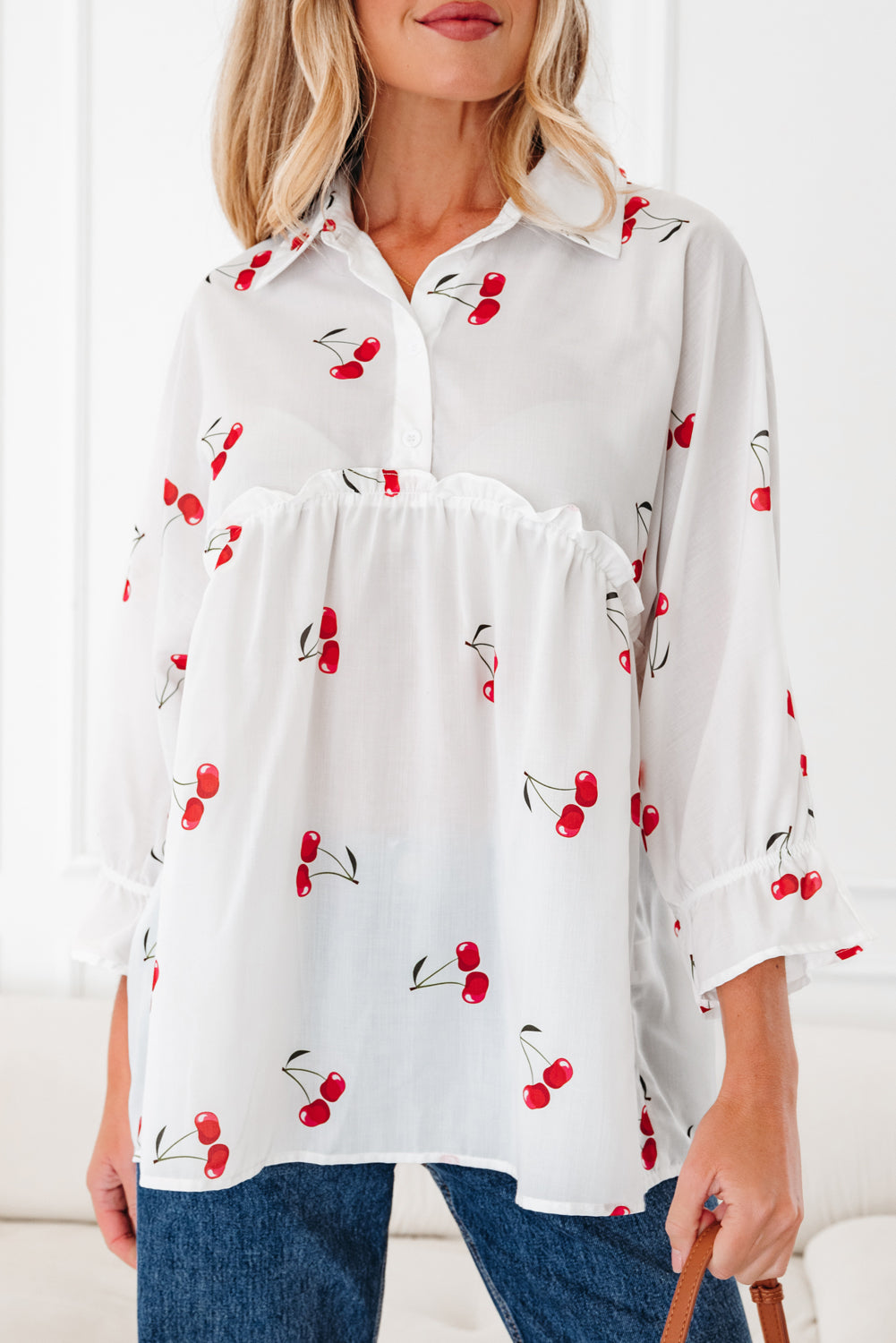 White Cherry Print Flounce Sleeve Collared Frilled Babydoll Blouse