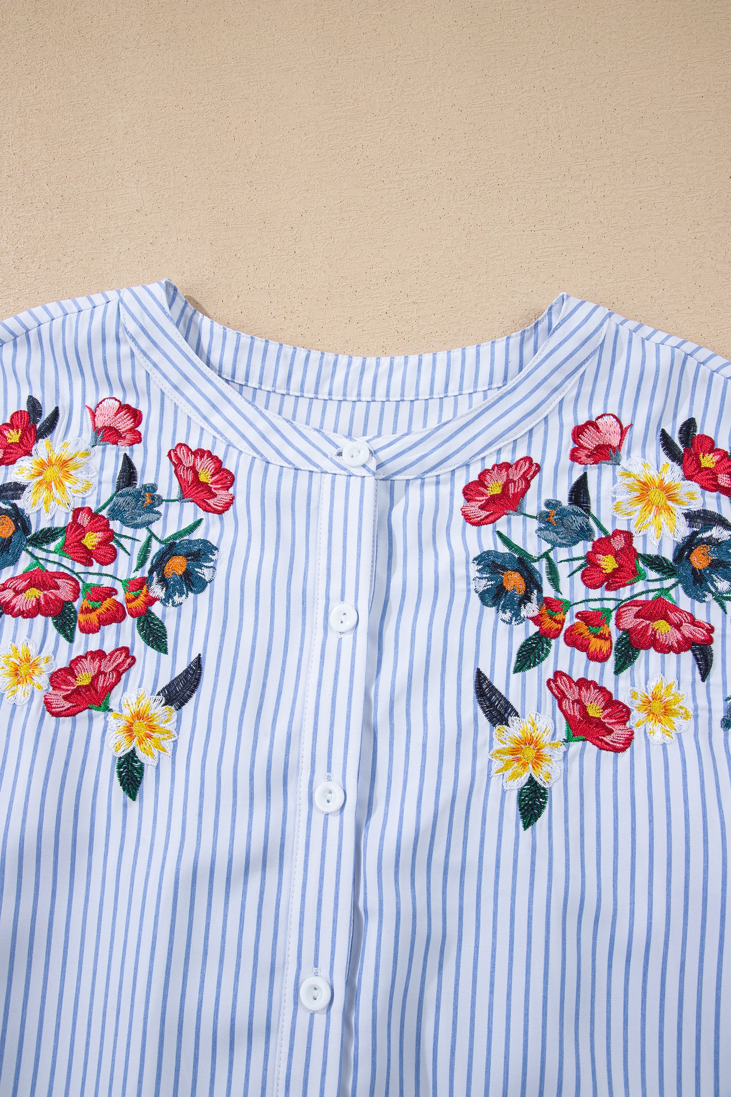 Sky Blue Stripe Floral Embroidered Billowy Sleeve Tunic Baggy Shirt