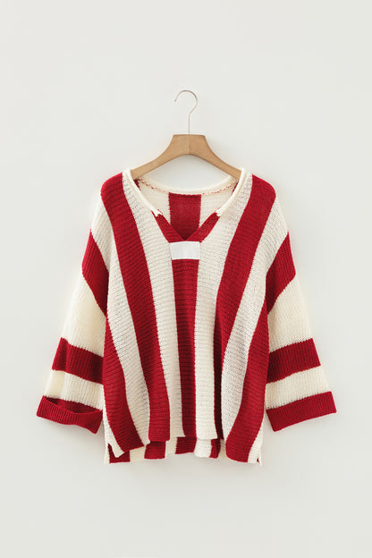 Brown Stripe Colorblock V Neck Bracelet Sleeve Sweater