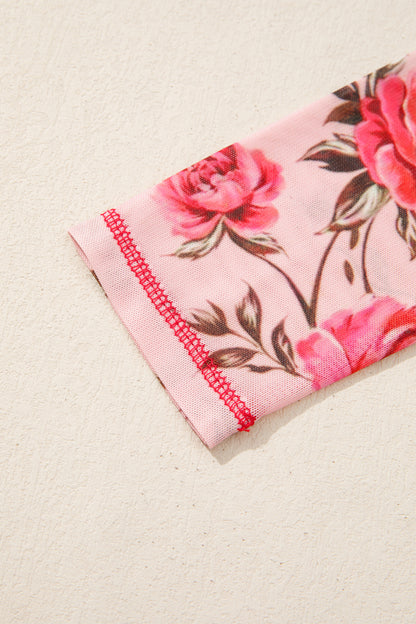 Pink Floral Print Exposed Seam Detail Mesh Long Sleeve Top