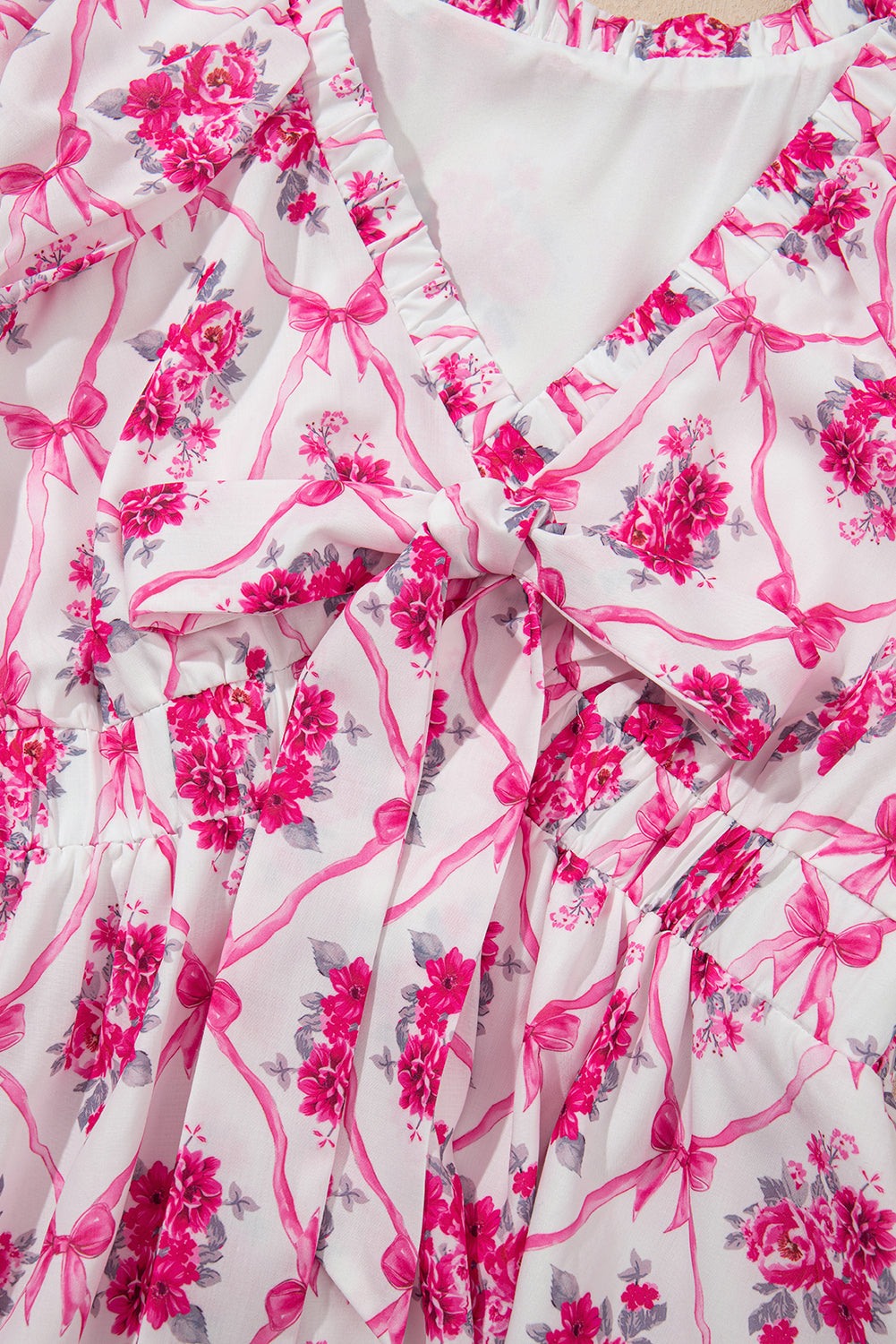 Multicolour Bow Lattice Floral Print V Neck Knot Decor Mini Dress