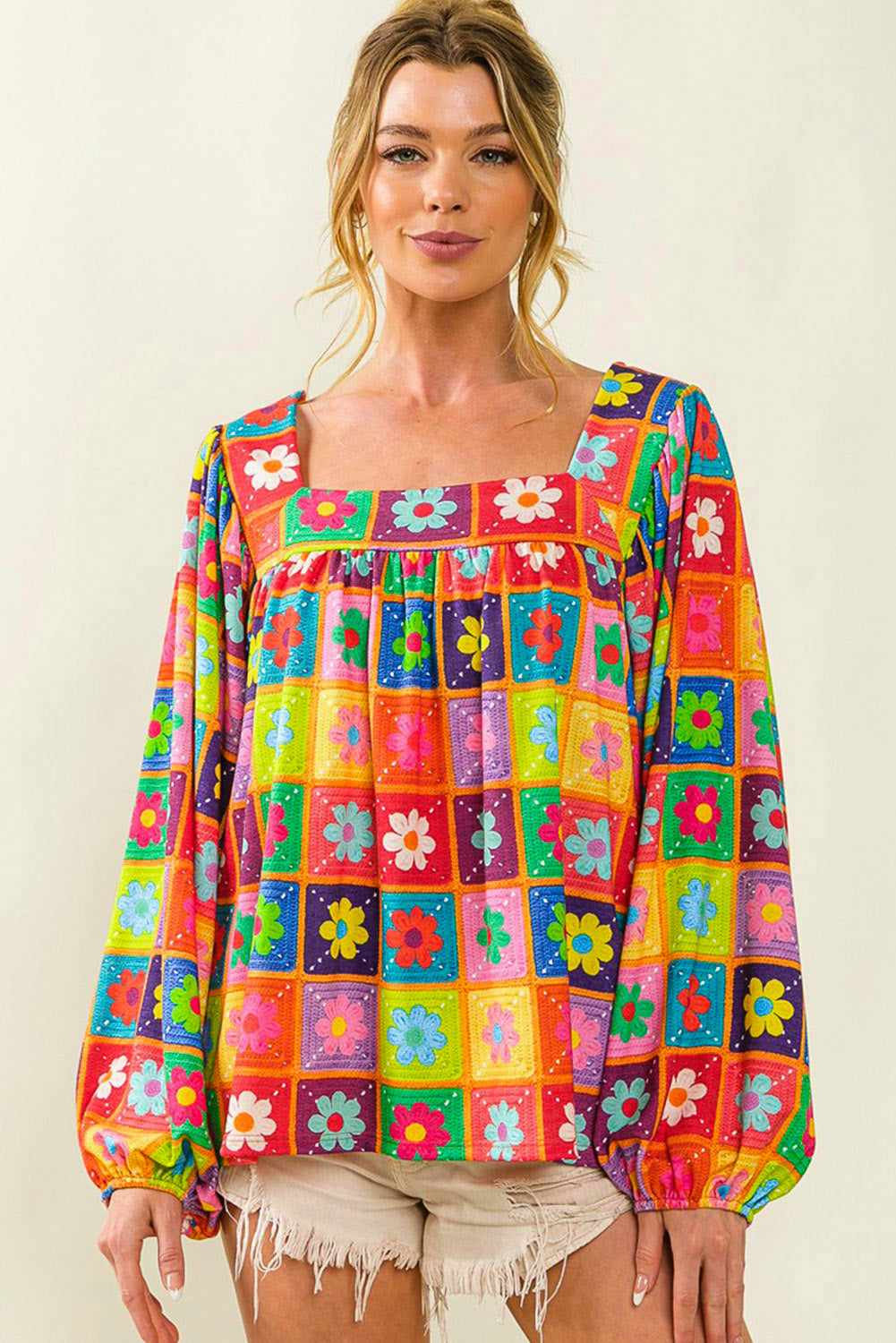 Multicolor Floral Pattern Square Neck Puff Sleeve Blouse