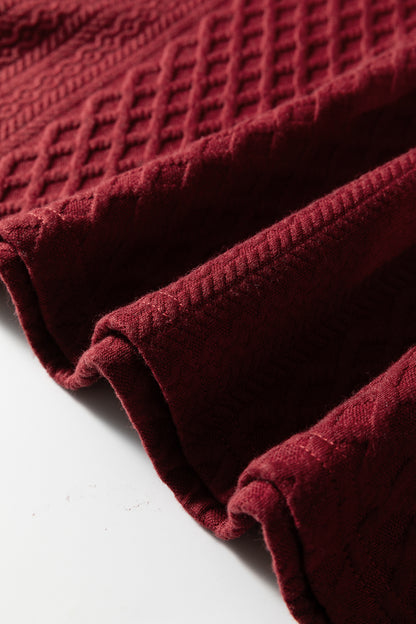 Racing Red Rhombus Textured Striped Patchwork Zip Neck Pullover Sweatshirt