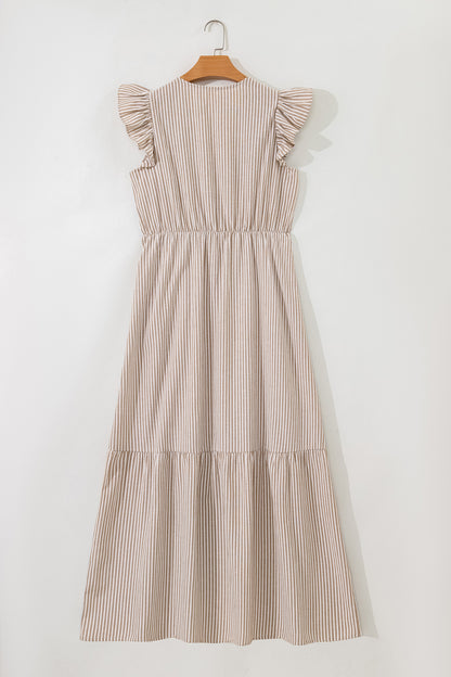 Khaki Stripe Flutter Sleeve Buttoned Front Slit Maxi Dress