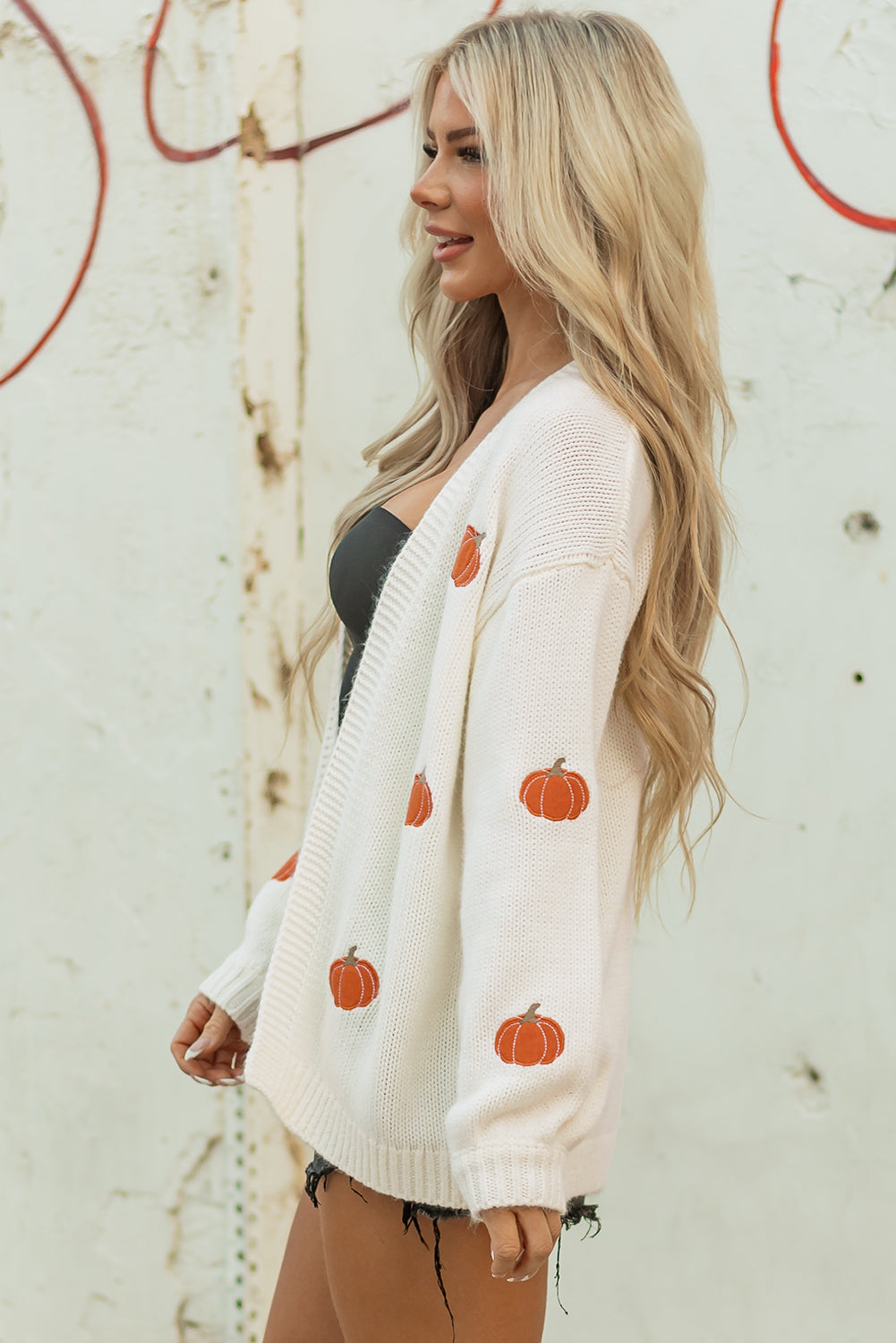 Straw Yellow Pumpkin Print Open Front Drop Shoulder Midi Cardigan