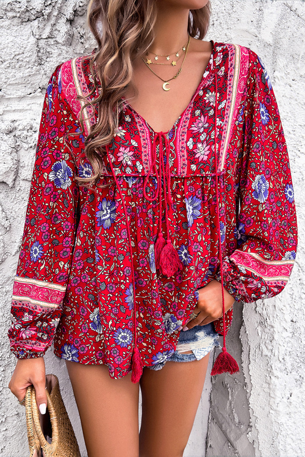 Blue Bohemian Floral Print Tassel Tie Front Long Sleeve Blouse