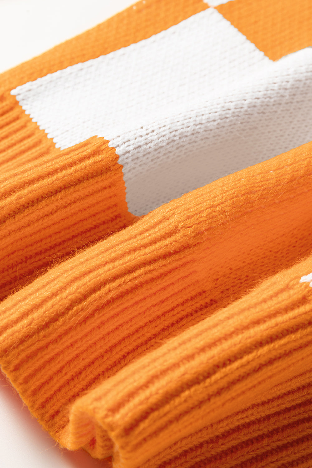 Grapefruit Orange Checkered Pattern Polo Collar Loose Sweater