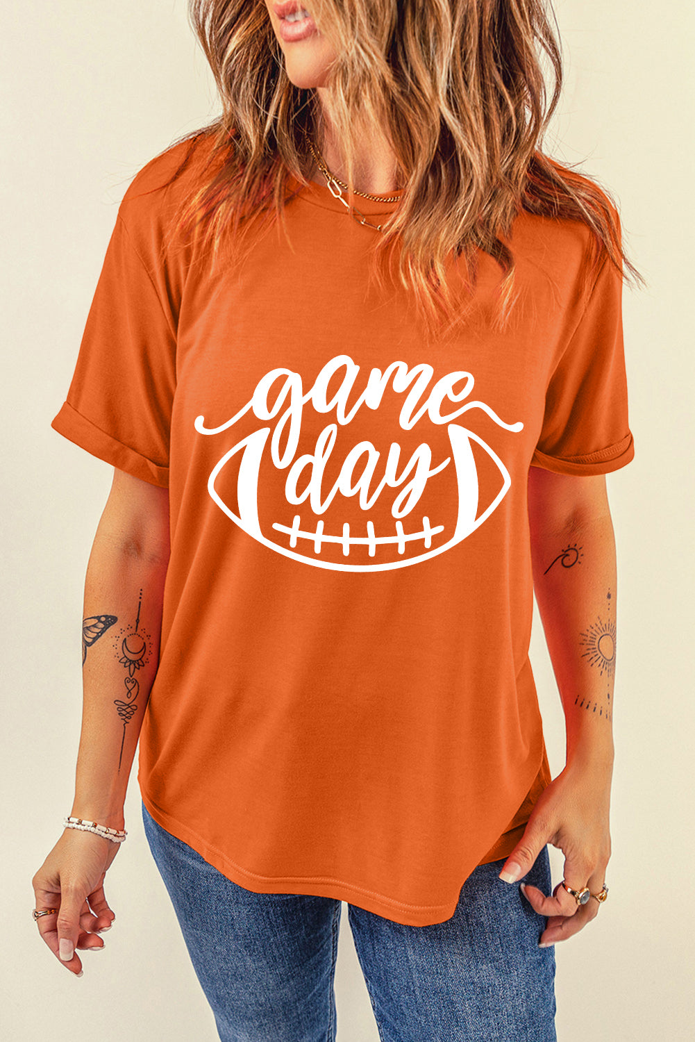 Orange game day Football Print Womens T Shirt