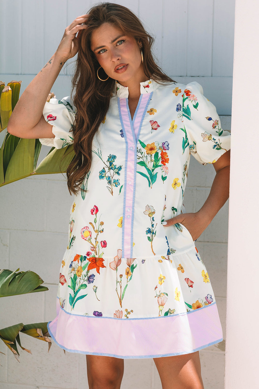 White Floral Print Contrast Striped Patchwork Short Puff Sleeve Dress