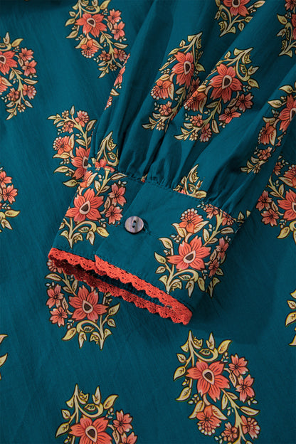 Green Plus Size Floral Print Contrast Lacy Trim Pleated Loose Shirt