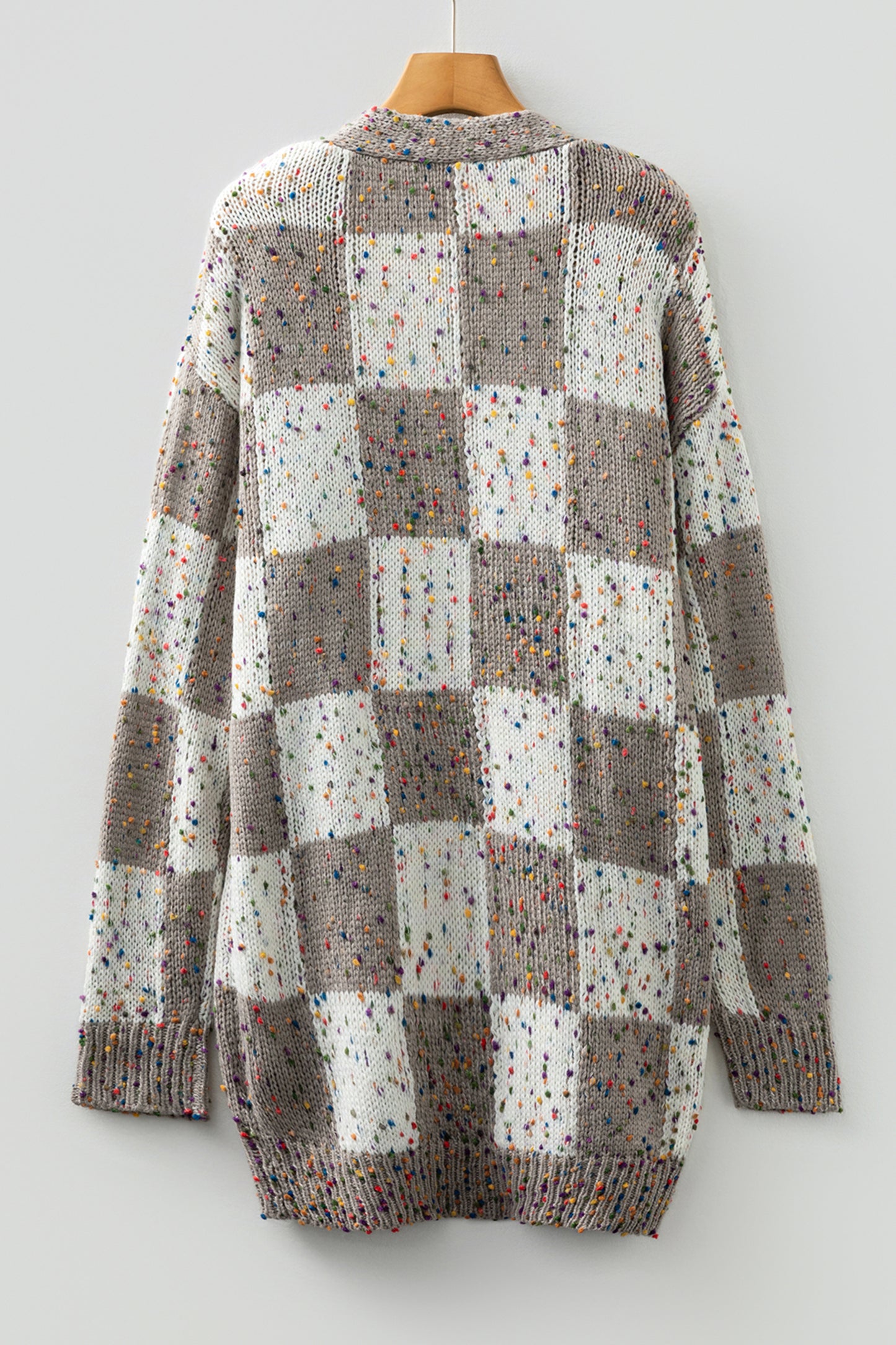 Brown Confetti Dot Checkered Print Open Cardigan with Pockets