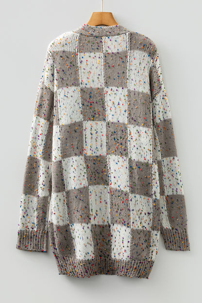 Brown Confetti Dot Checkered Print Open Cardigan with Pockets