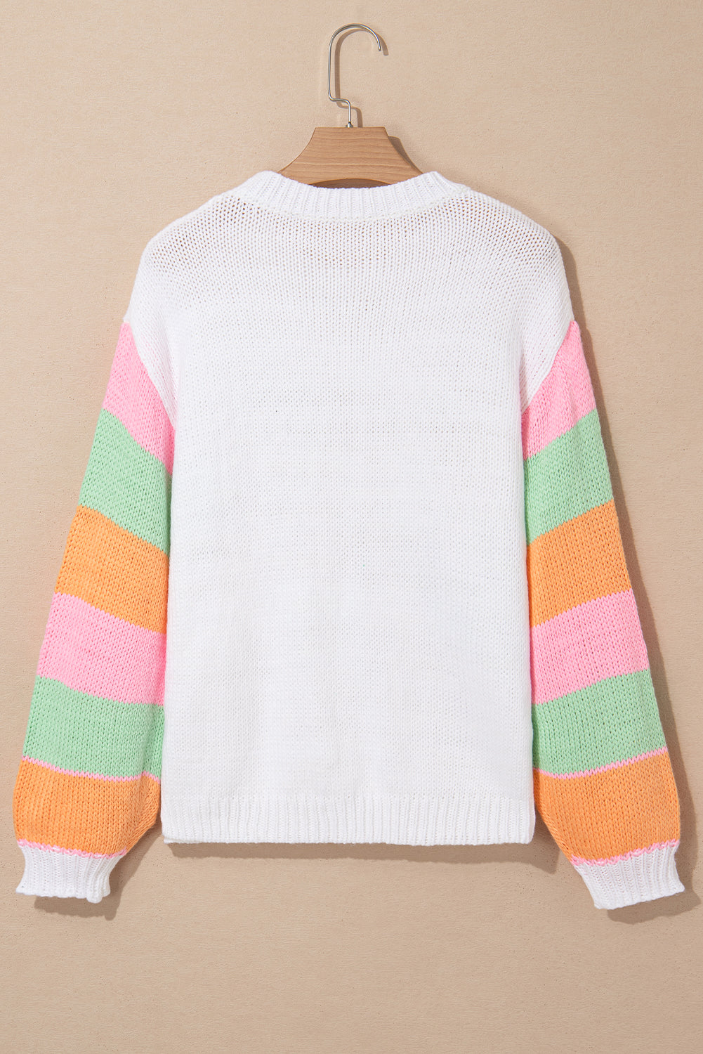 White Flower Graphic Colorblock Sleeve Crew Neck Sweater