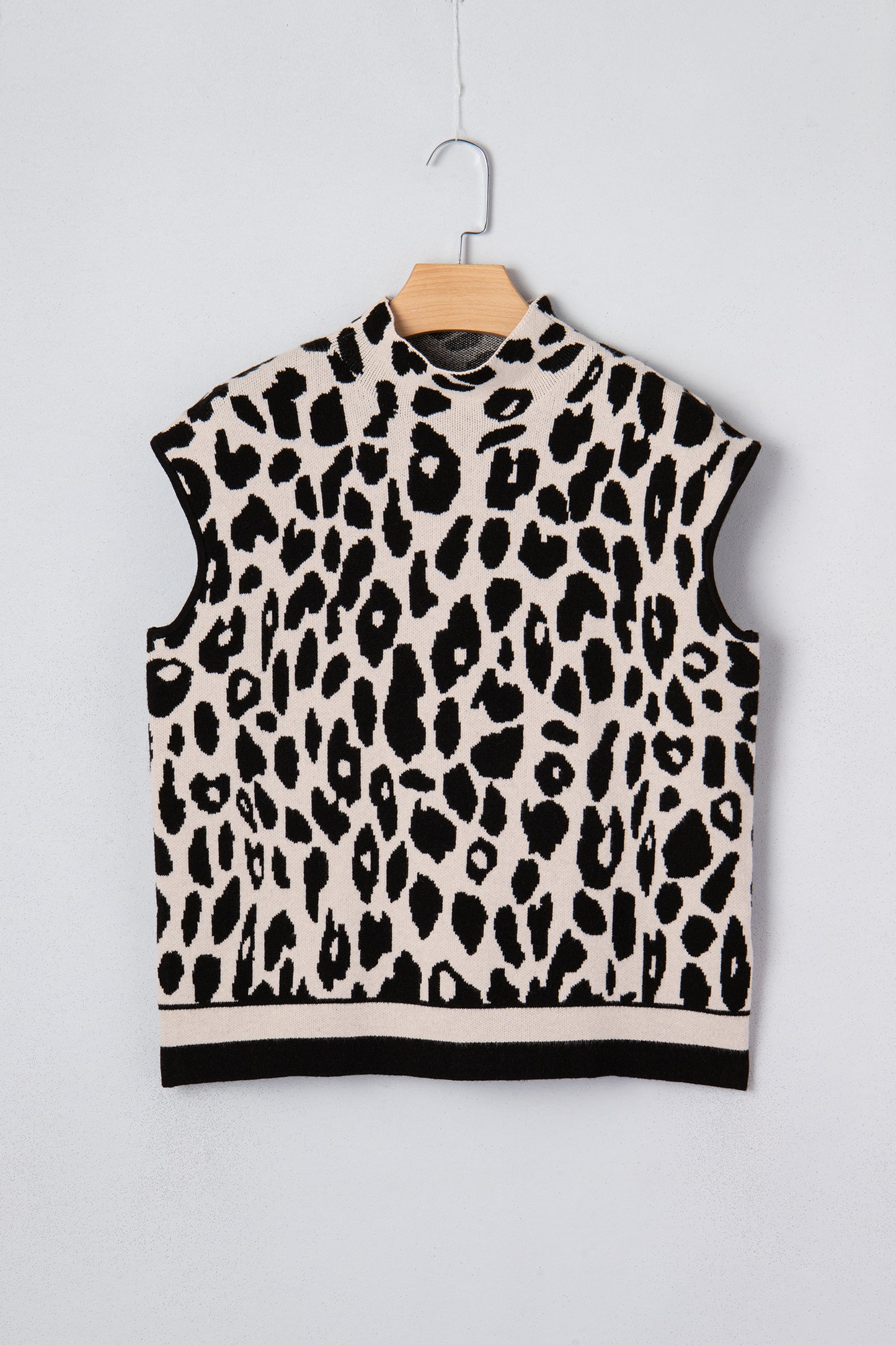 Black Leopard Print High Neck Short Sleeve Sweater
