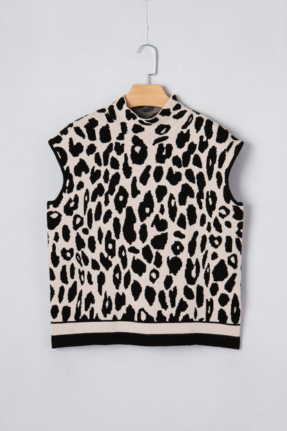 Black Leopard Print High Neck Short Sleeve Sweater