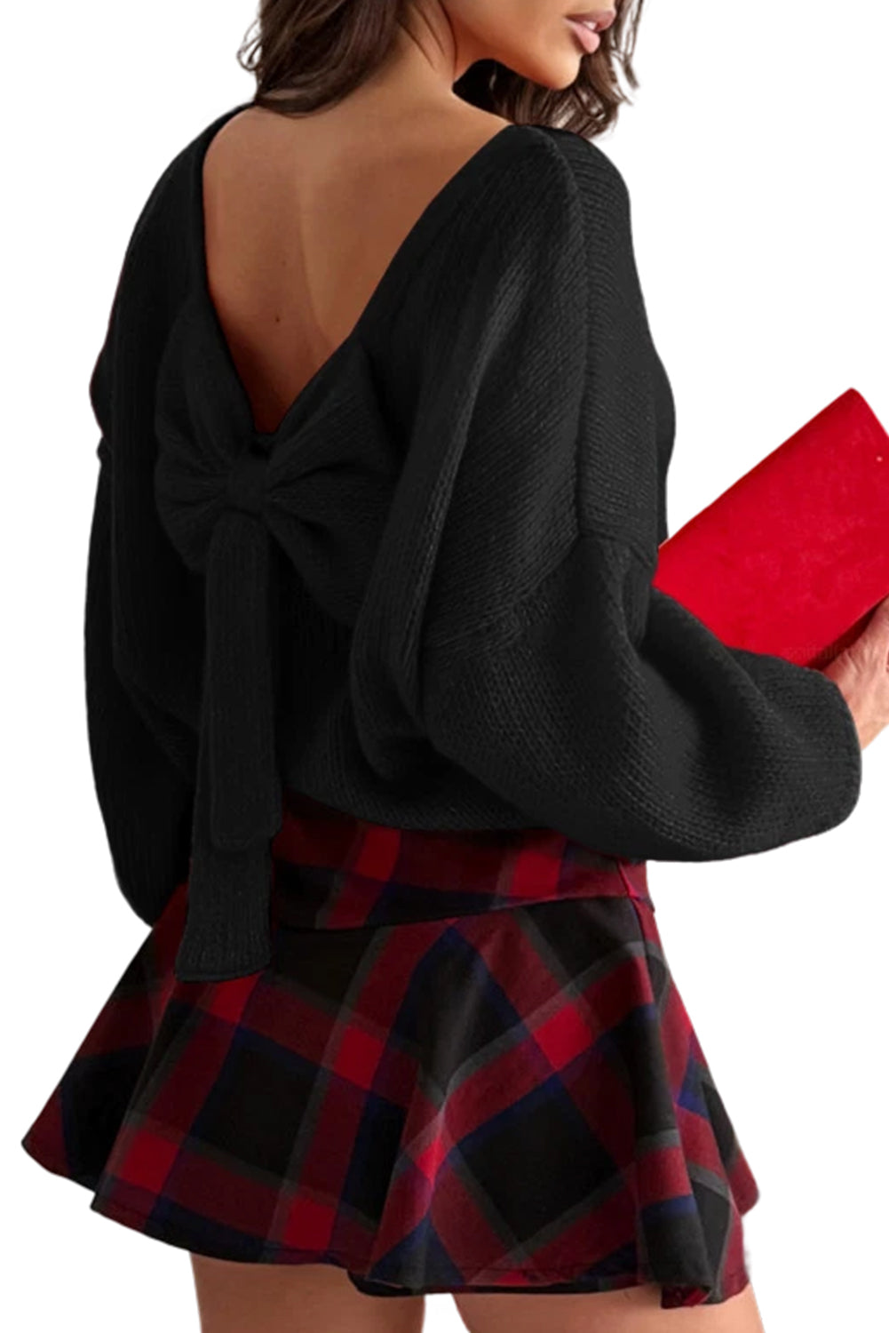 Black Festive Bow Backless Bubble Sleeve Sweater