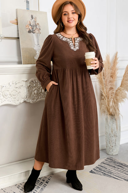 Coffee Embroidered Notched Neckline Textured Pleated High Waist Plus Size Midi Dress