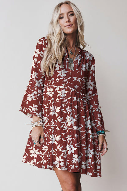 Sky Blue Boho Floral Print Lettuce Trim 3/4 Sleeve Mini Dress