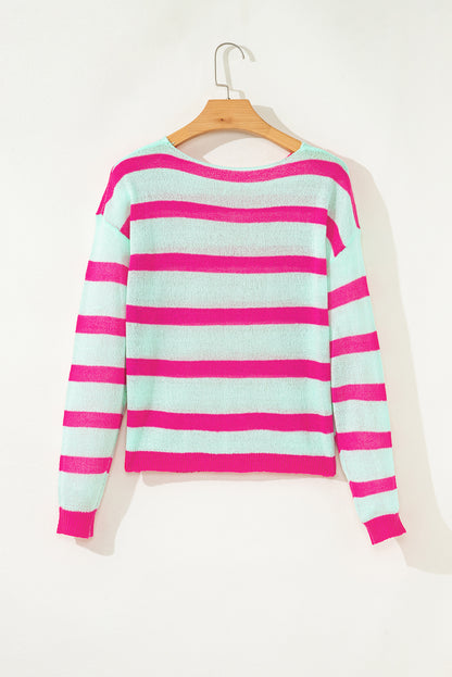 Green Stripe Round Neck Casual Sweater