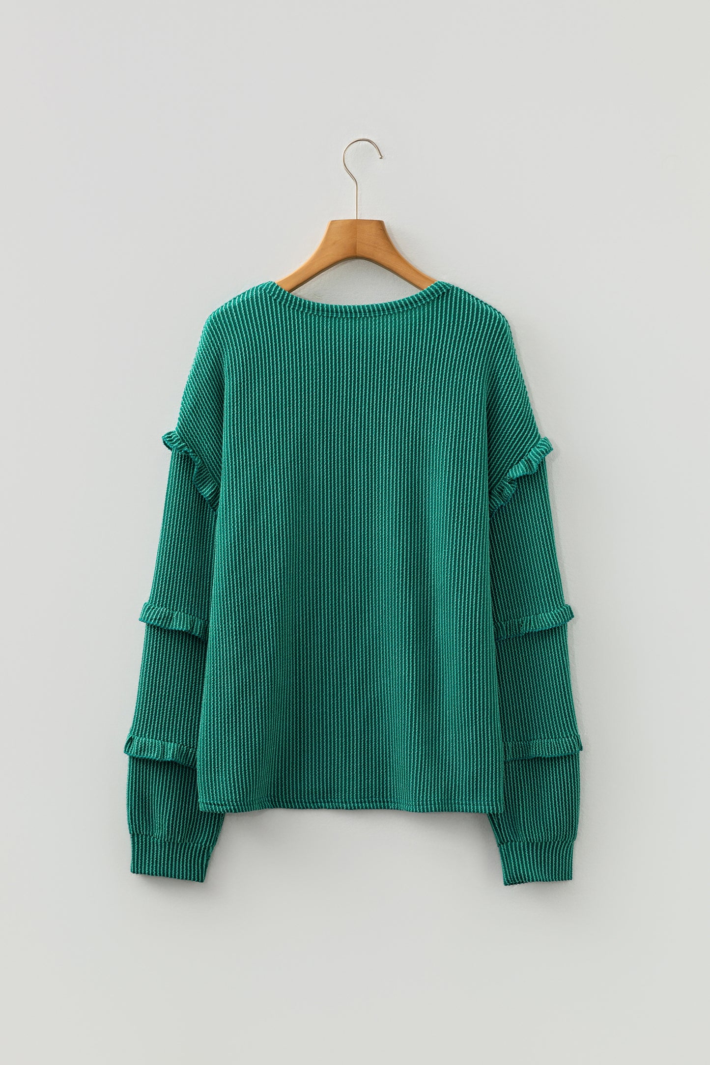 Evergreen Twisted Ribbed Tiered Ruffles Long Sleeve Pullover Top