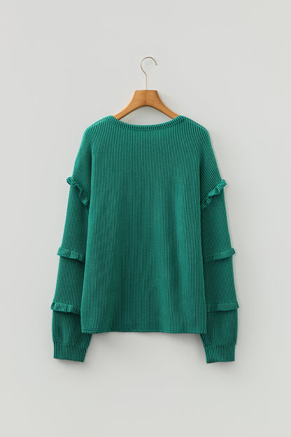 Evergreen Twisted Ribbed Tiered Ruffles Long Sleeve Pullover Top