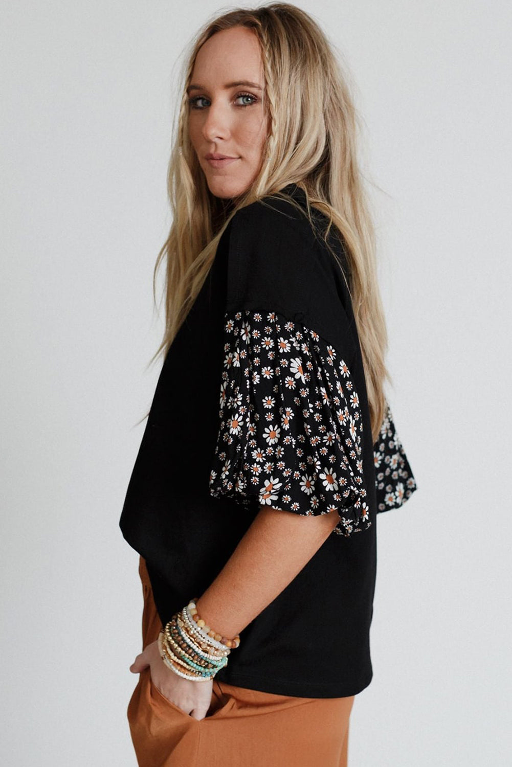 Black Contrast Floral Puff Sleeve Oversized Top