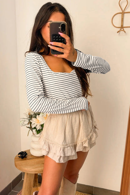 Brown Stripe Square Neck Long Sleeve Top