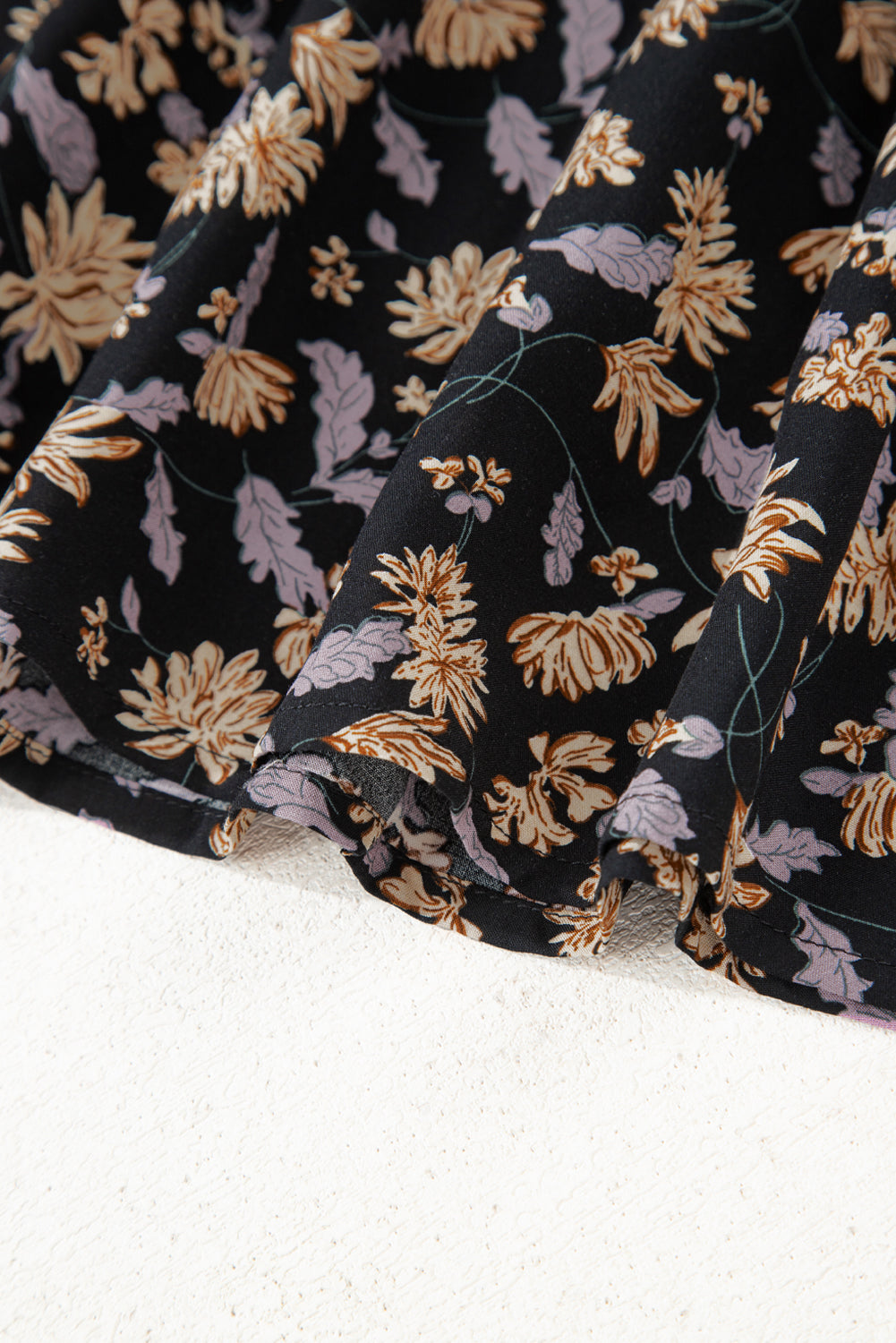 Black Floral Deep V Neck Smocked Bust Bubble Sleeve Babydoll Dress