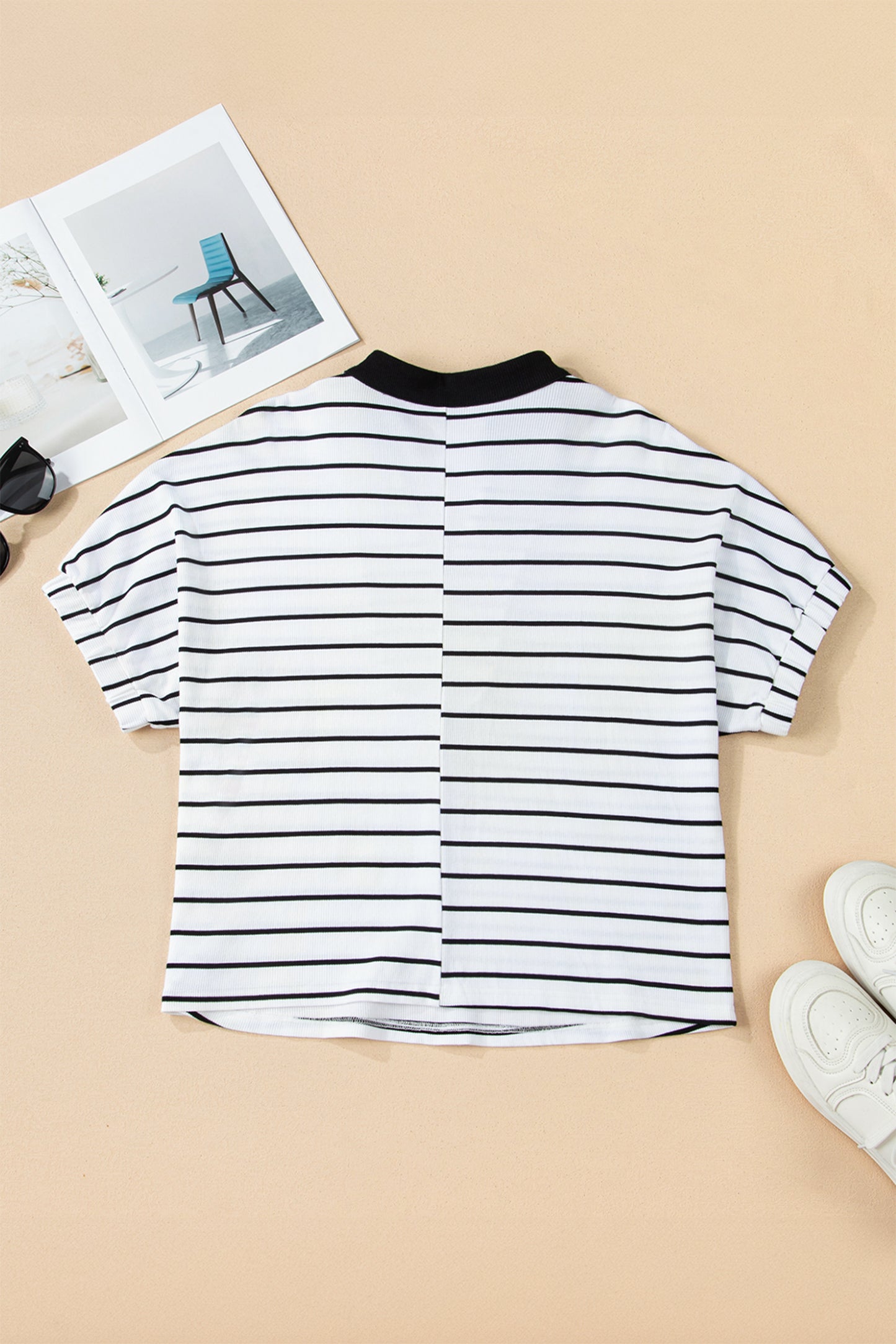 White Stripe Stand Collar V Neck Elastic Cuffs Half Sleeve Dolman Top