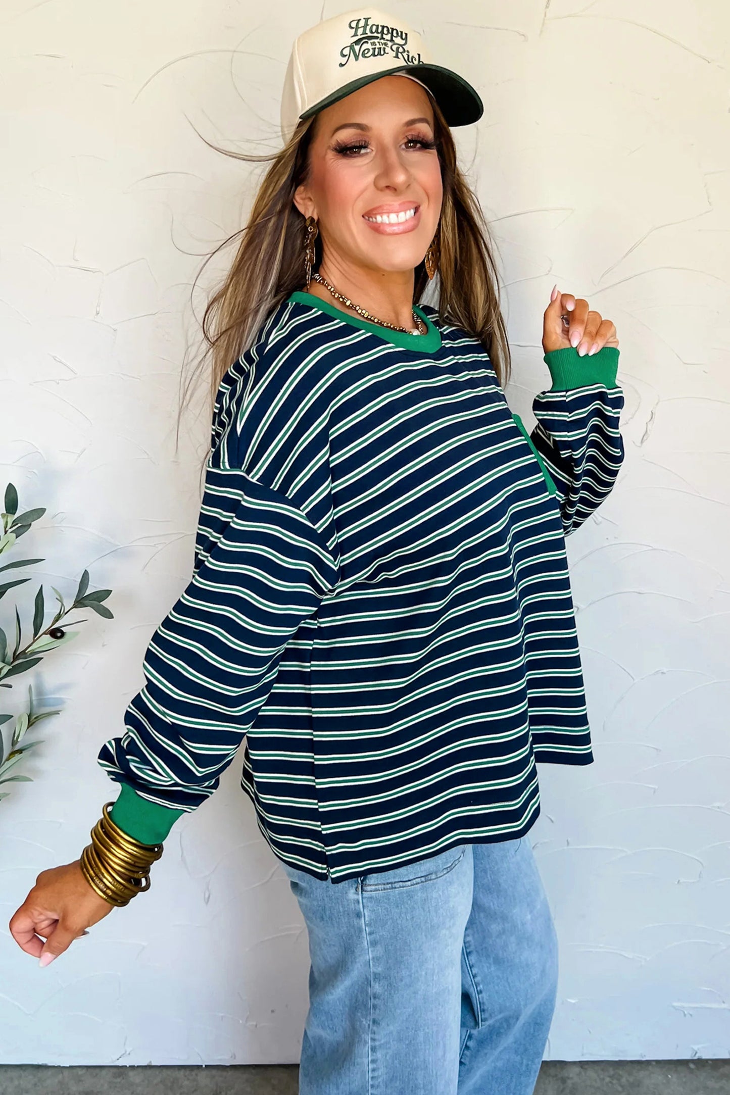 Green Stripe Ribbed Color Block Patchwork Crew Neck Patch Pocket Long Sleeve Top