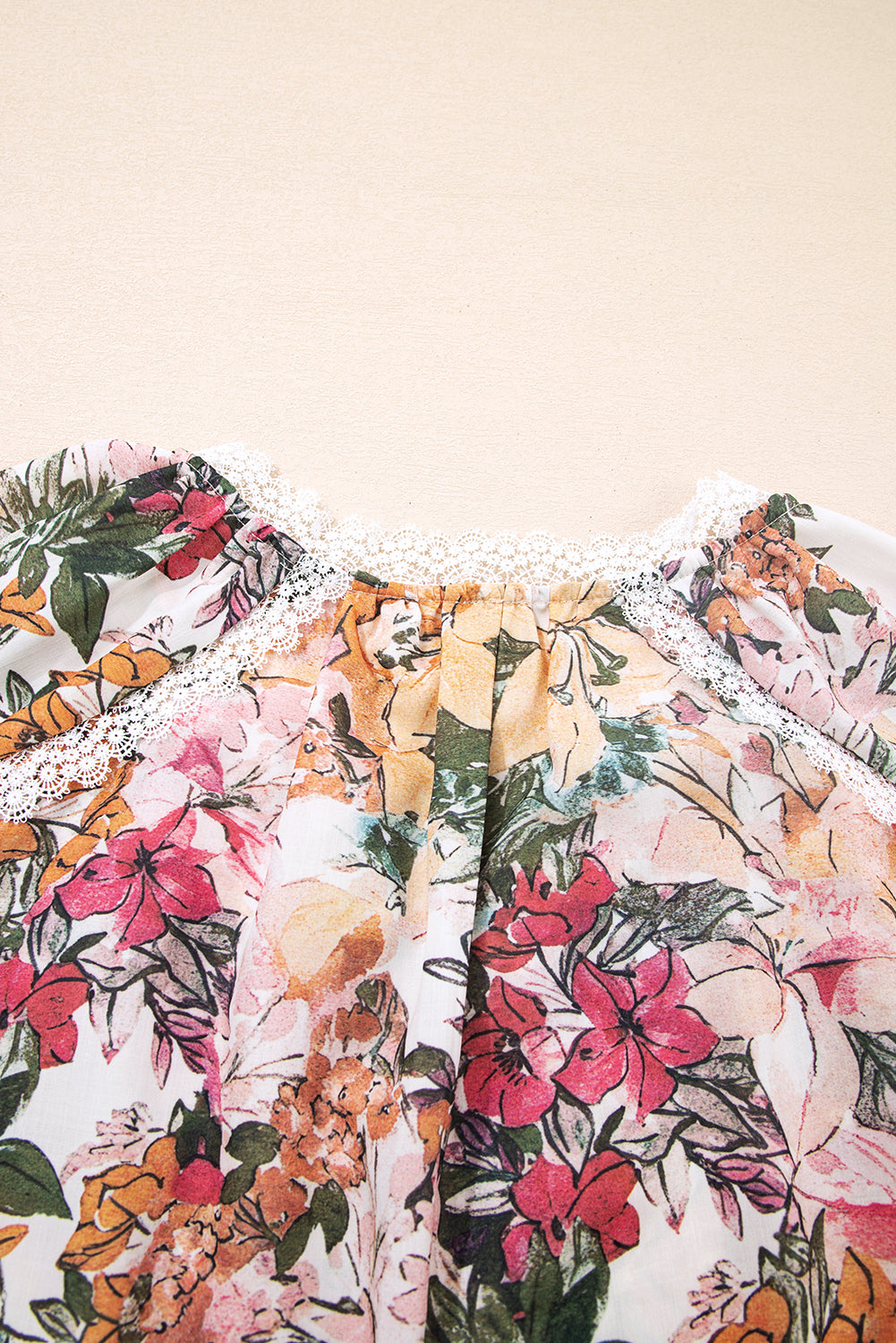 Pink Floral Print Lace Embroidery Tie Split Neck Long Sleeve Blouse