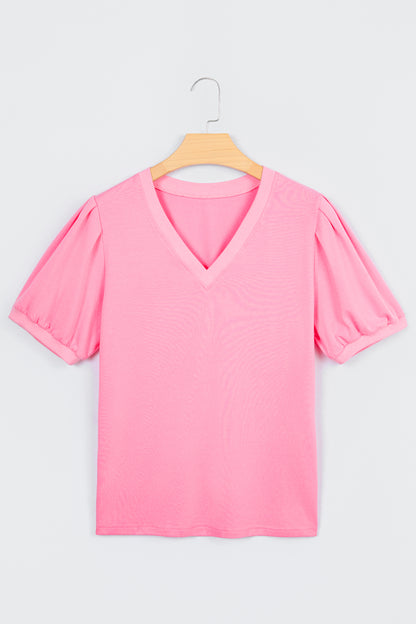 Bonbon Solid Color V Neck Short Puff Sleeve Blouse