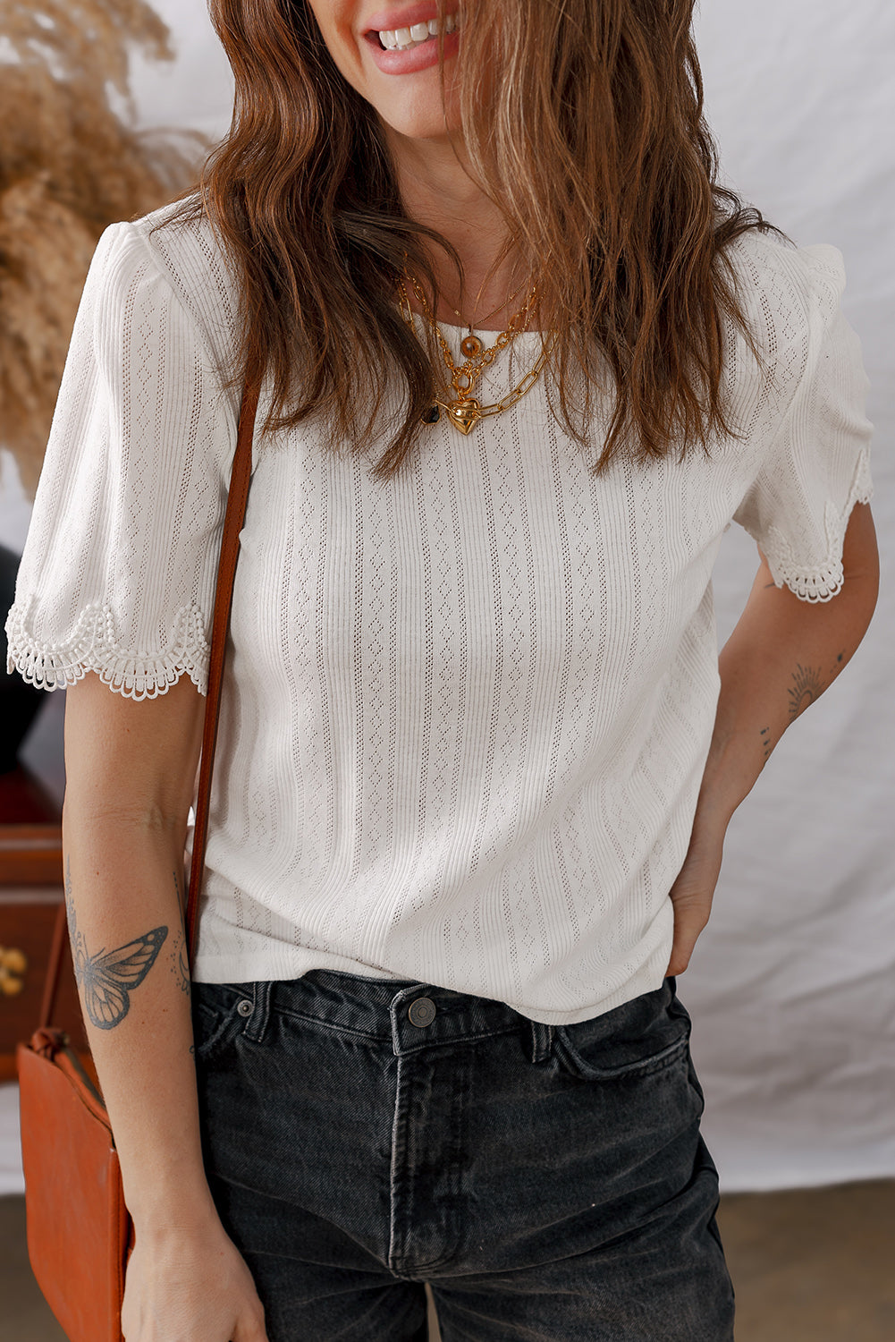 White Scalloped Lace Trim Jacquard Textured T Shirt