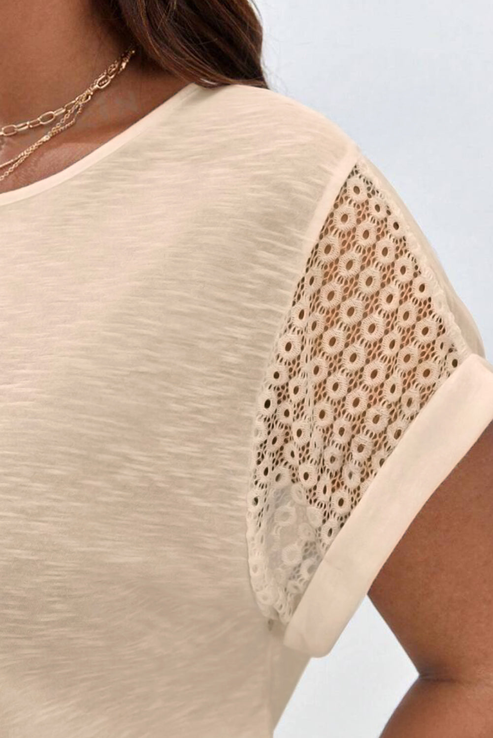 Parchment Lace Patchwork Short Sleeve Round Neck Plus Size Summer Top
