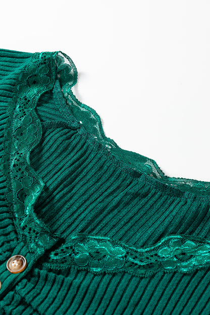 Beige Lace Neckline Button Decor Lettuce Edge Long Sleeve Ribbed Top