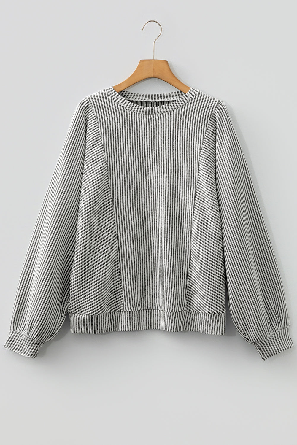Gray Ribbed Knit Round Neck Long Lantern Sleeve Top