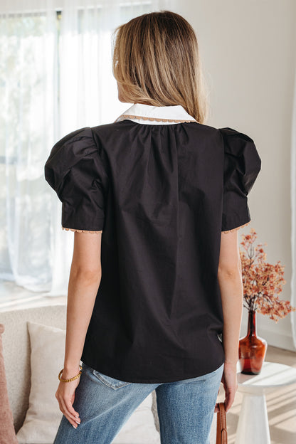 Black Ricrac Trim Color Block Patchwork Shirt Collar Short Sleeve Blouse
