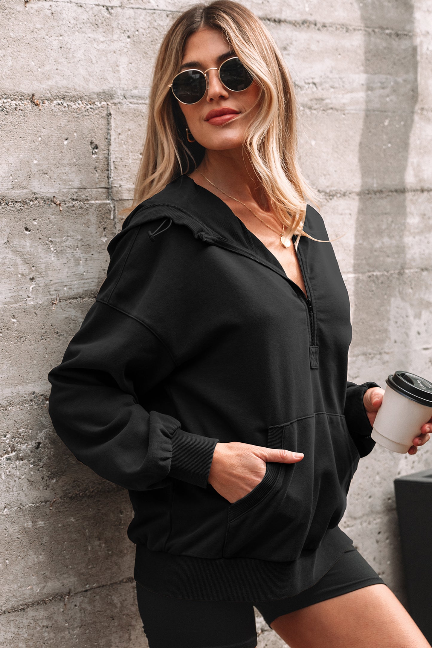 Ashleigh Blue Half Zip Kangaroo Pocket Mineral Wash Baggy Hoodie