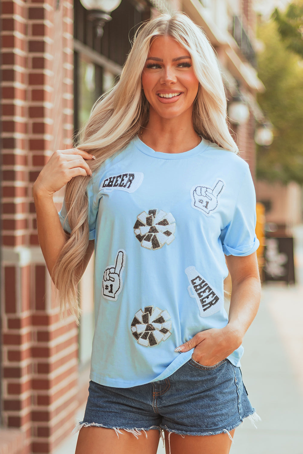 Light Blue Cheer Game Day Element Sequin Patched T Shirt