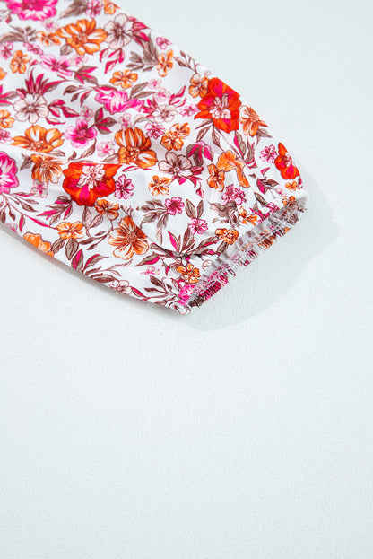 Pink Floral Print Tie Split Neck Bracelet Sleeve Blouse